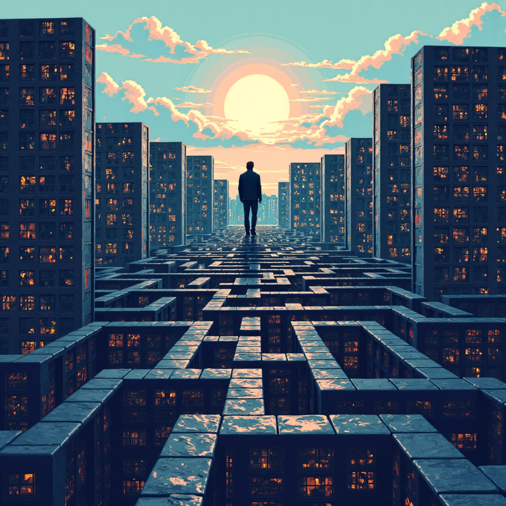 人在金融數據迷宮中前進的像素藝術,象徵透過歷史圖表做出明智決策的過程