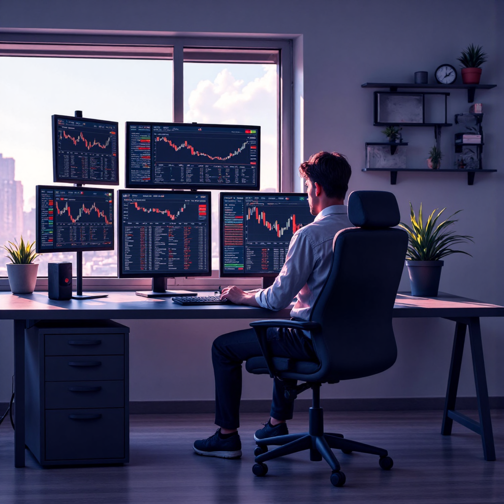 交易桌的最小主義插圖,顯示即時能源價格圖表、波動圖形和風險評估儀表板,在柔和環境光下