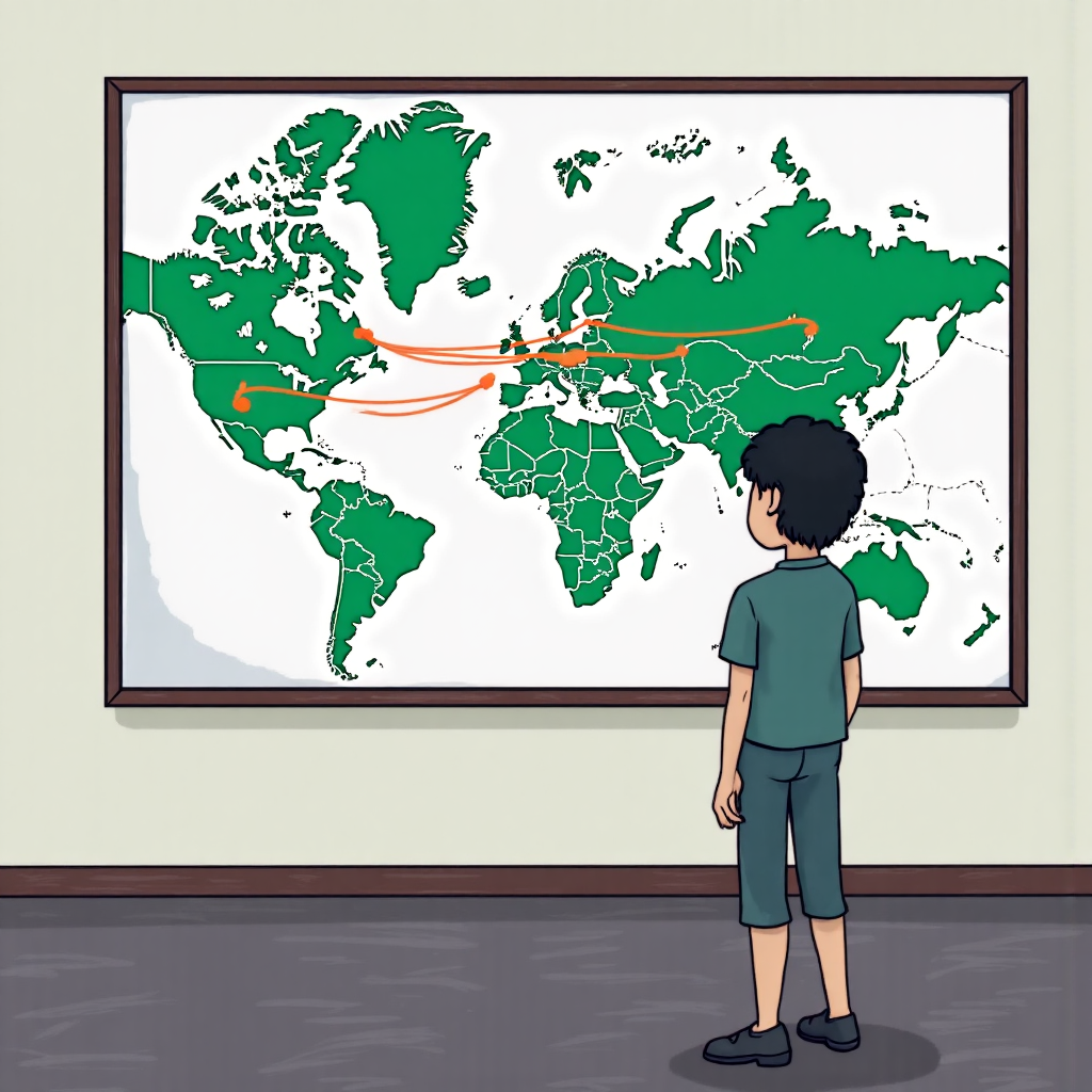 台灣人觀看世界地圖，突出與歐洲經濟連結的像素藝術圖像