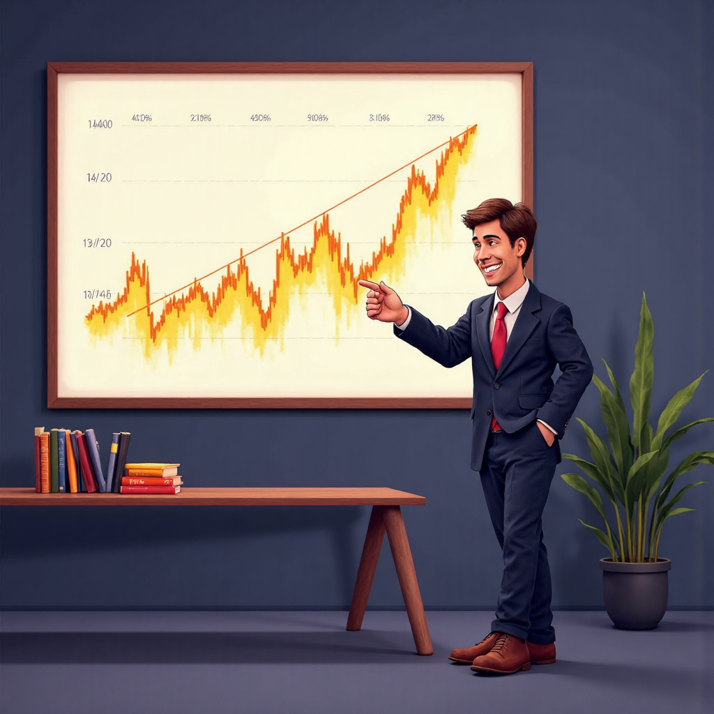 金融顧問指向突出 MA20 線的上升股價圖的像素藝術插圖