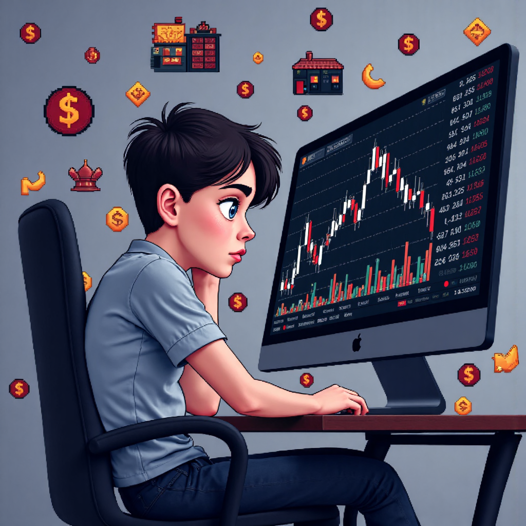 นักเทรดมือใหม่กำลังมองกราฟการซื้อขาย Forex ที่ซับซ้อนบนแล็ปท็อป ล้อมรอบด้วยไอคอนการเงินต่างๆ ที่แสดงถึงโอกาสและความเสี่ยง ด้วยสีหน้าที่กังวลเล็กน้อยแต่เต็มไปด้วยความอยากรู้