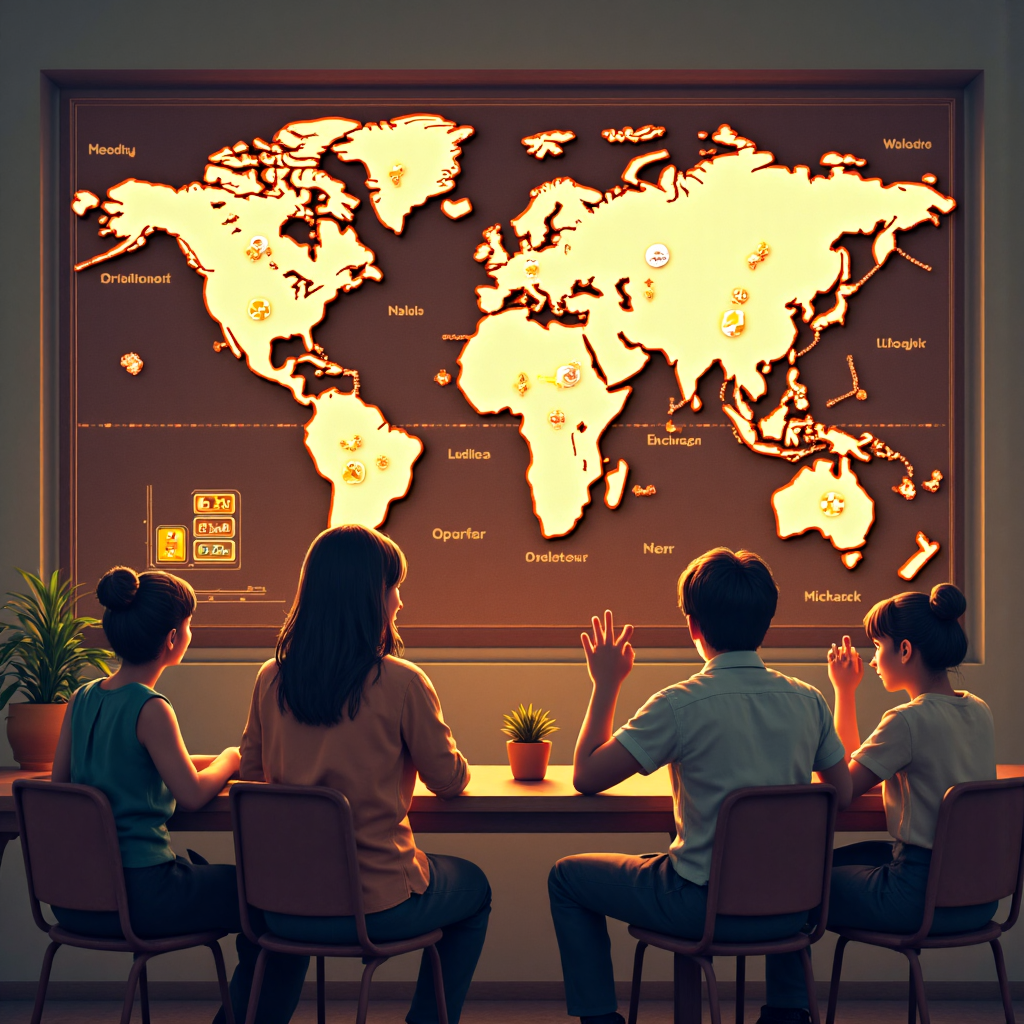 An illustration of a diverse group of Thai individuals excitedly gathered around a glowing holographic world map displaying prominent currency symbols and trading charts with soft golden lighting and a professional yet approachable atmosphere