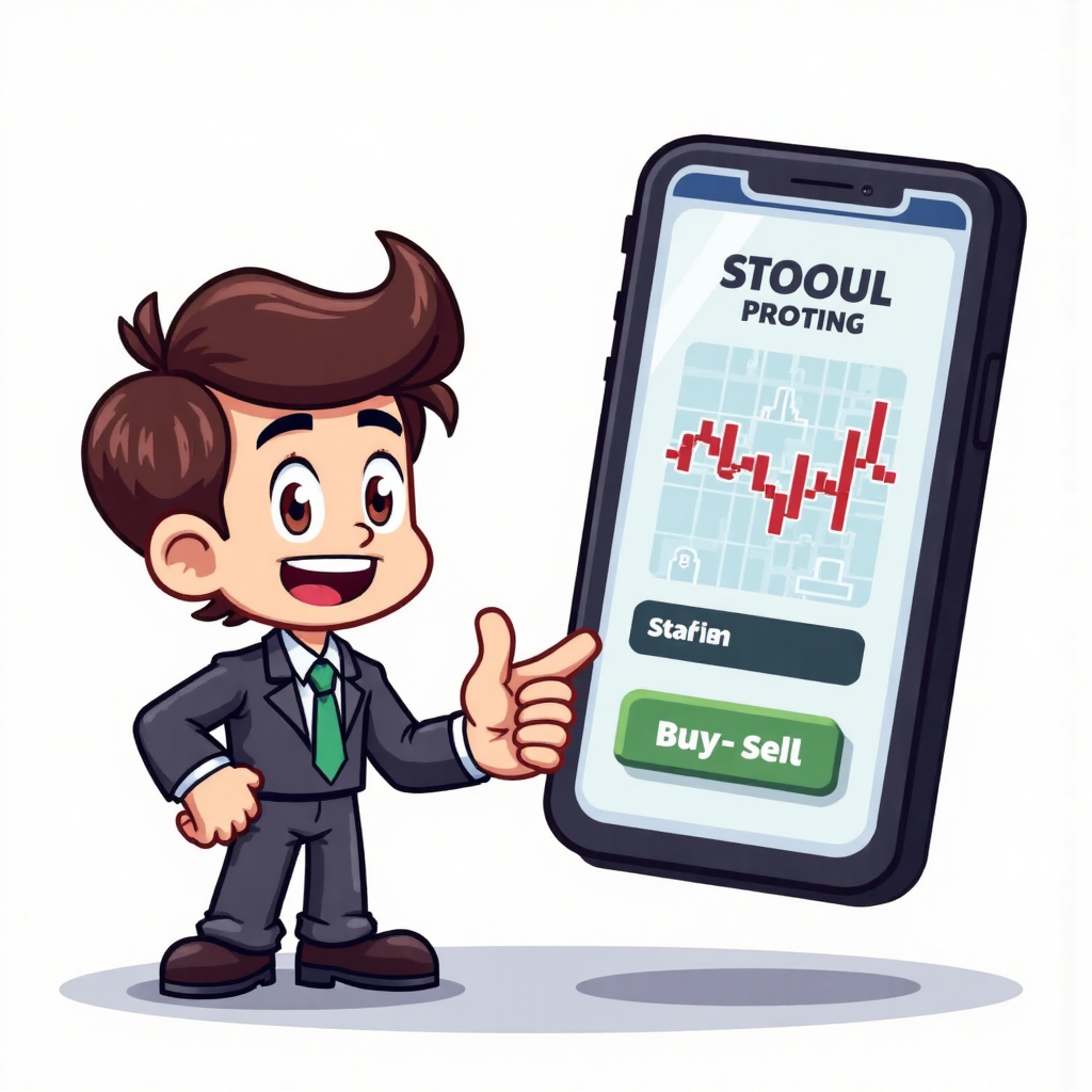 卡通人物示範股票交易App介面，包含圖表與買賣按鈕，強調使用者友好
