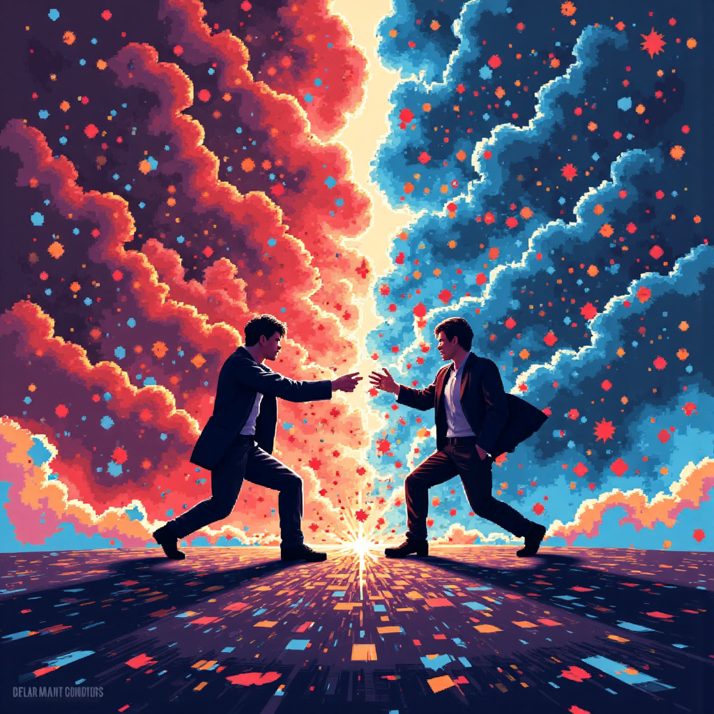 Abstract illustration depicting the conflict between rising asset prices and weakening market momentum visualized by opposing forces in a dynamic color palette