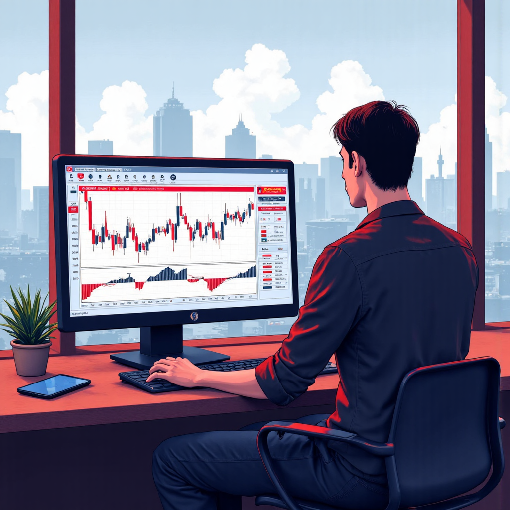 An artistic illustration depicting a Thai trader confidently navigating a trading platform showing a simplified Heikin Ashi graph with clear trend indicators and a serene cityscape backdrop