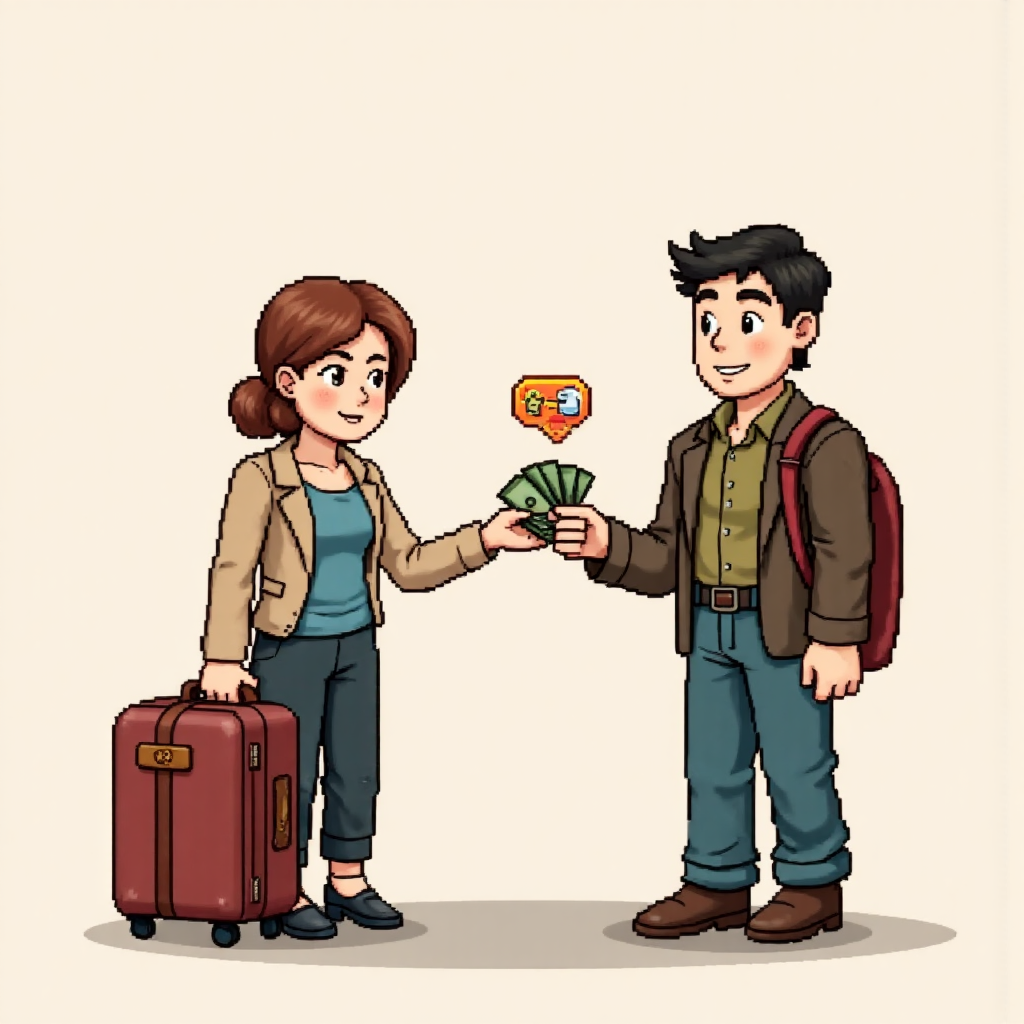 旅客接收資金並融入小額費用圖示的卡通插圖