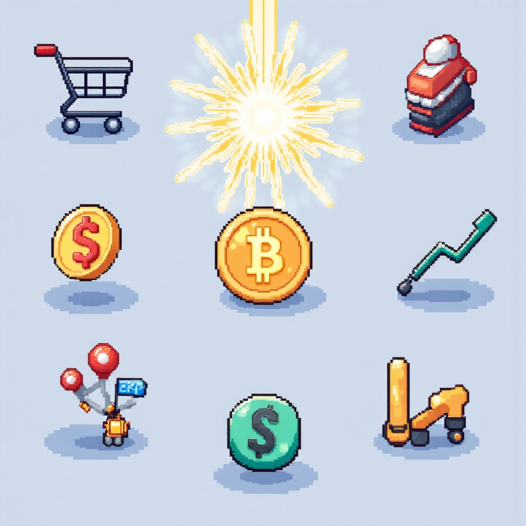 購物車、股票圖表、加密貨幣幣和貨幣兌換符號的樣式化插圖,周圍環繞中心光芒源