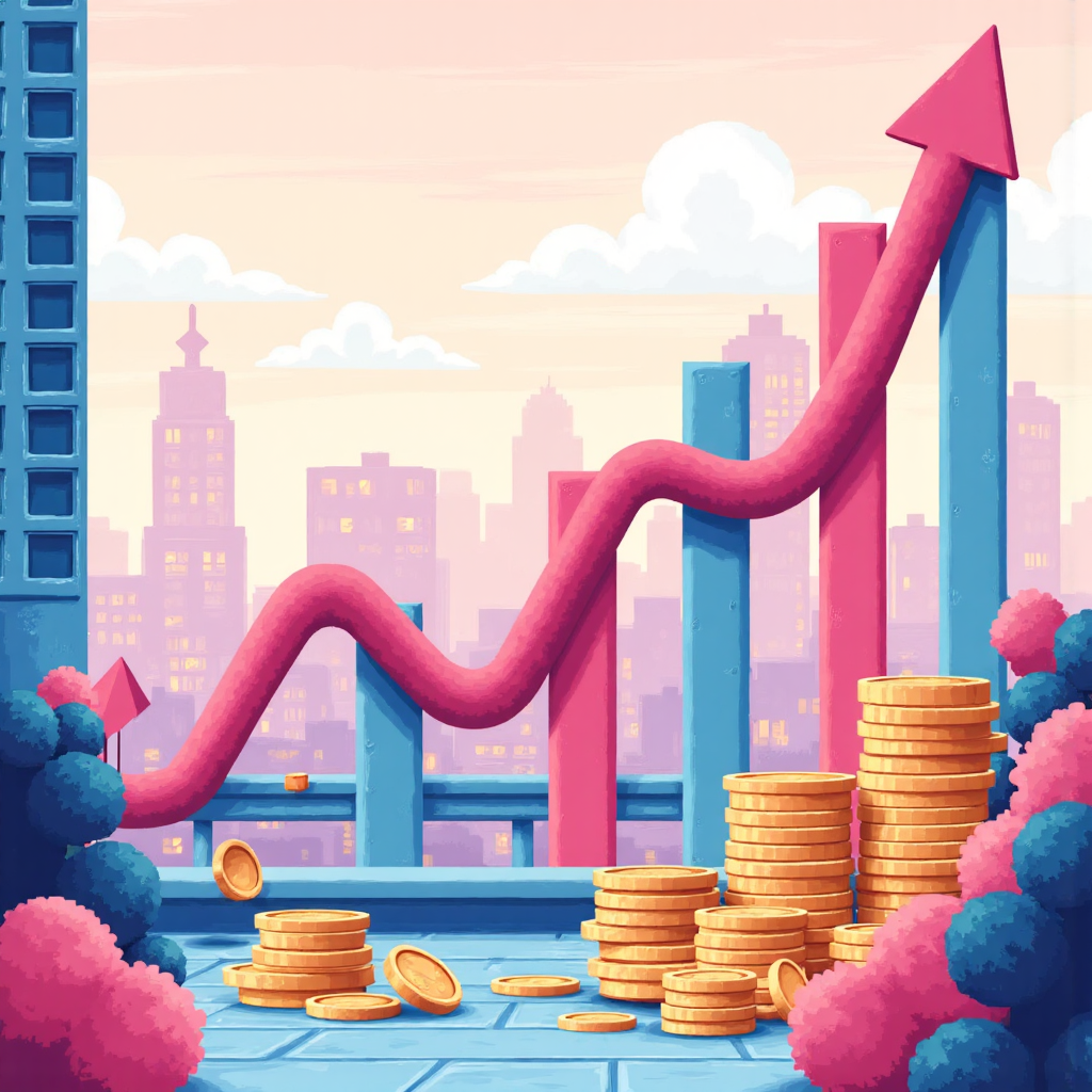 ภาพประกอบกราฟการเงินที่มีลูกศรขึ้นและเหรียญในเมืองสมัยใหม่บรรยากาศ乐观ในโทนสีพาสเทลอ่อนๆ