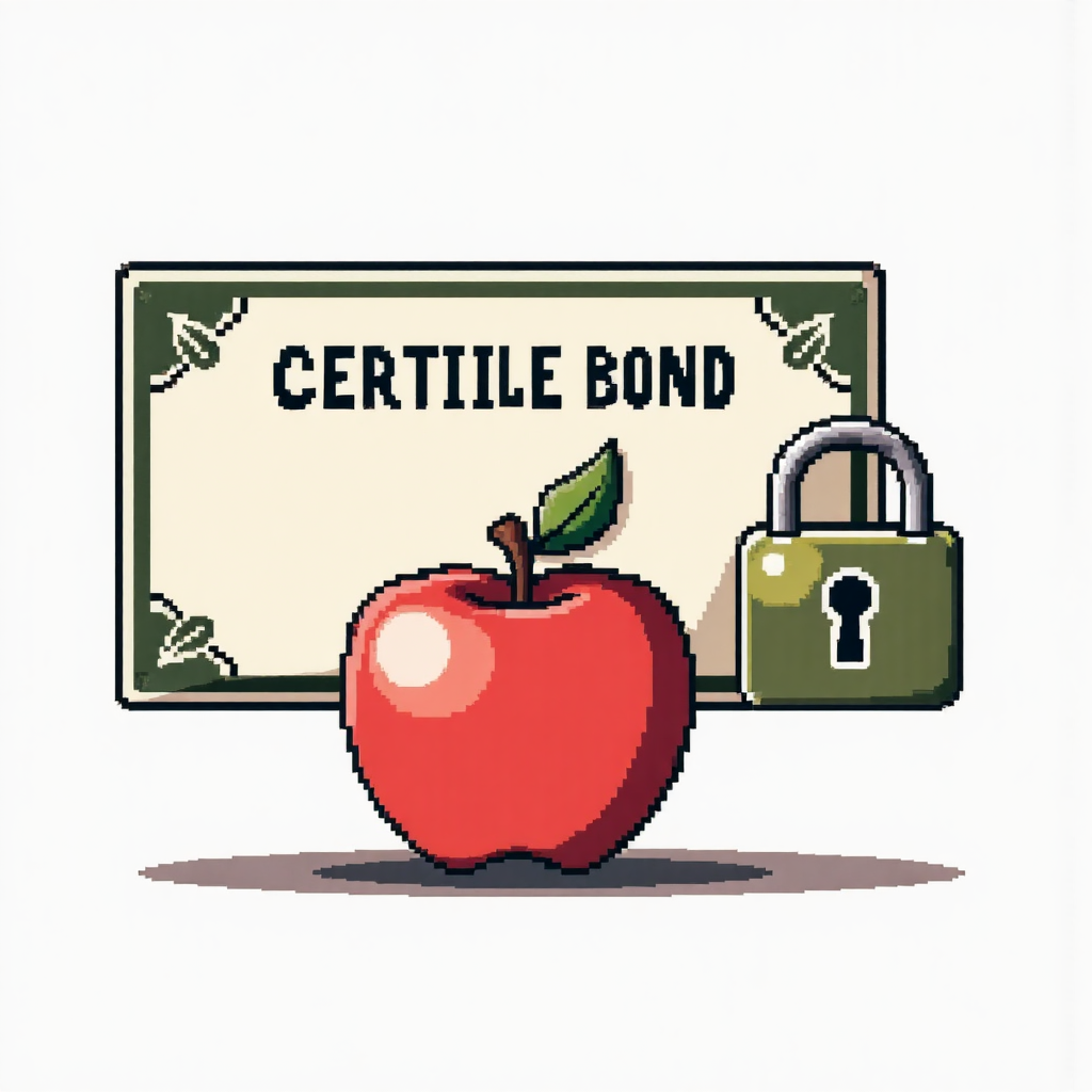 債券證書轉變成蘋果並帶有安全鎖圖示的專業金融設定像素藝術插圖