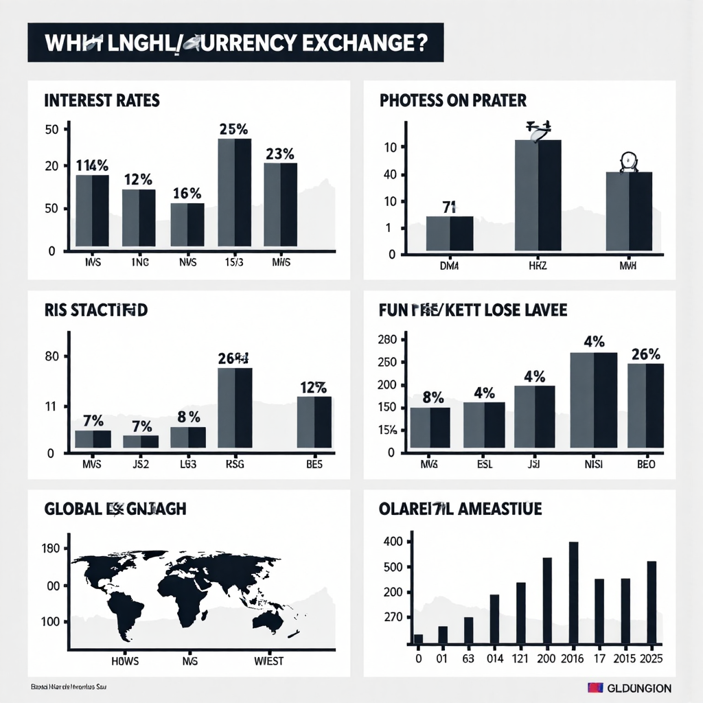 ภาพอินโฟกราฟิกสไตล์ที่แสดงปัจจัยที่ส่งผลต่ออัตราแลกเปลี่ยนสกุลเงิน เช่น กราฟอัตราดอกเบี้ยและแผนภูมิเศรษฐกิจโลกในสุนทรียภาพมินิมอลลิสม์สมัยใหม่