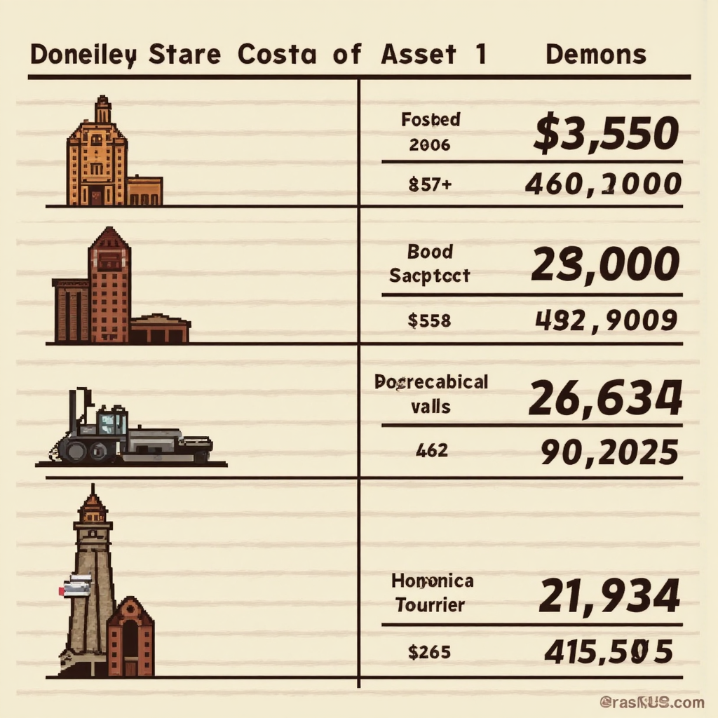 像素藝術風格的會計帳冊，顯示資產歷史成本減去累計折舊，得出書面價值，包含老舊機器和建築圖示，以大地色調呈現