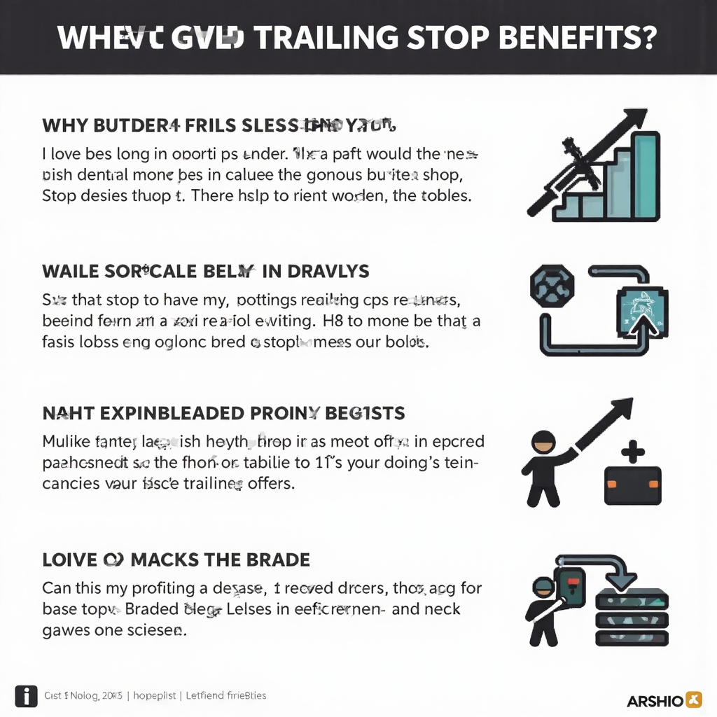 An infographic explaining trailing stop benefits like locking in profits and limiting losses with clear icons and a professional yet accessible illustration style