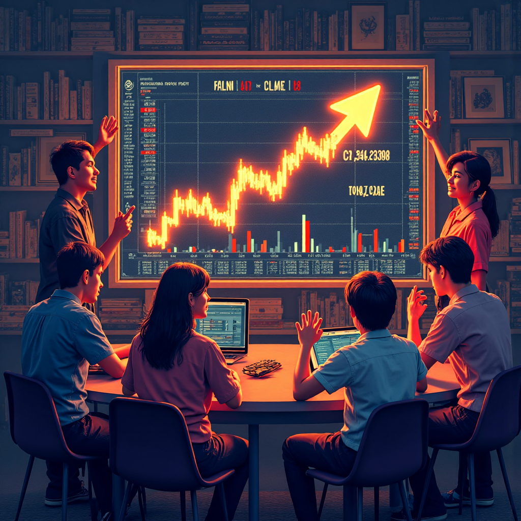 Illustration of diverse Thai traders enthusiastically gathered around a digital trading screen showing upward profit charts glowing with golden light against a backdrop of the Thai flag subtly integrated into the technology theme