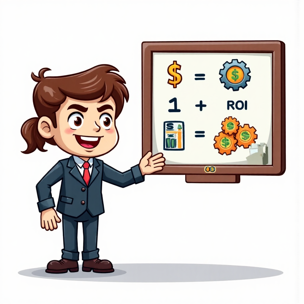 財務顧問角色在白板上解釋 ROI 公式的像素藝術插圖，包含錢幣和齒輪圖示