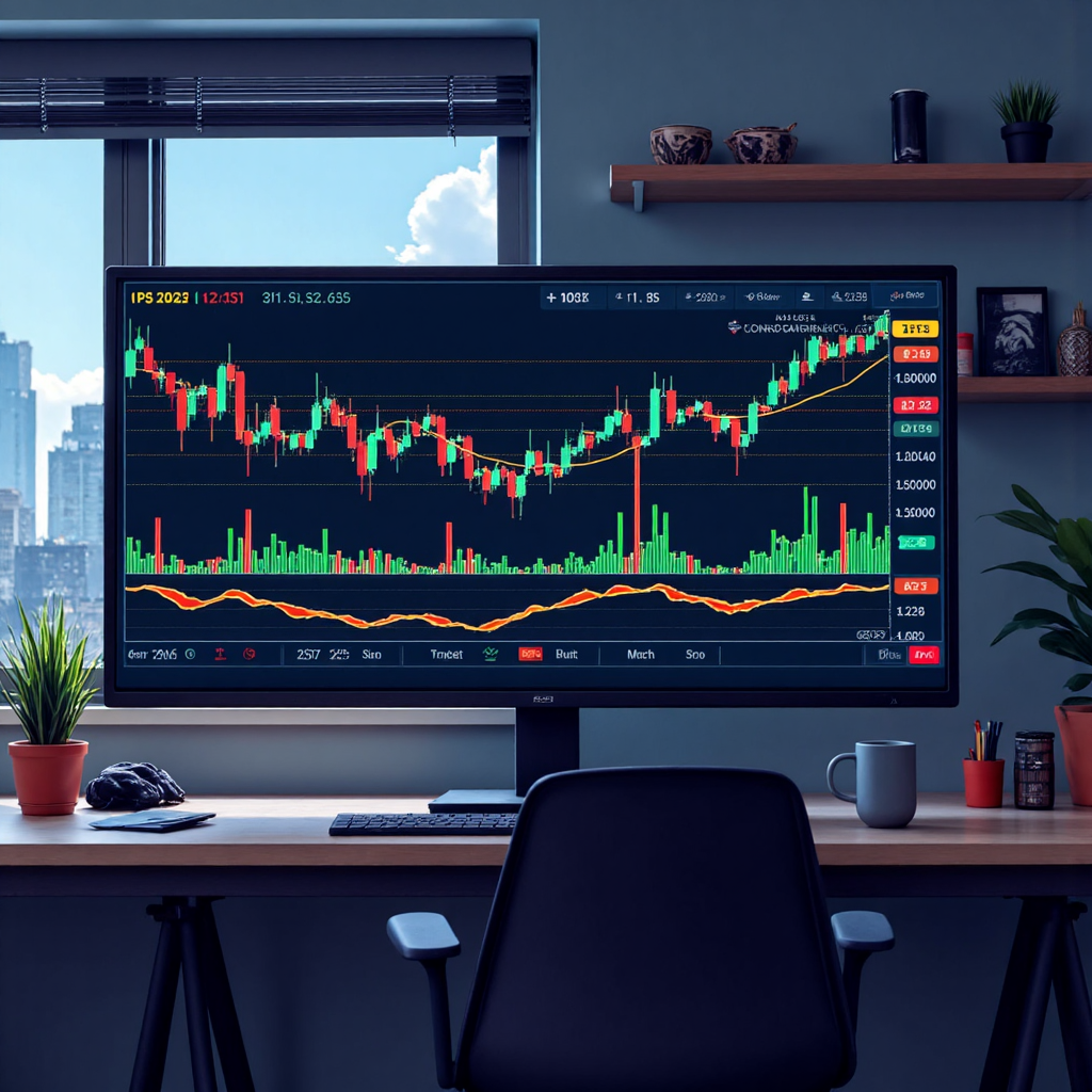 illustration of a financial market chart with colorful lines representing price movements and a prominent ATR indicator displayed below, soft trading room ambiance with subtle glowing screens and charts, a digital art style with calm blues and greens