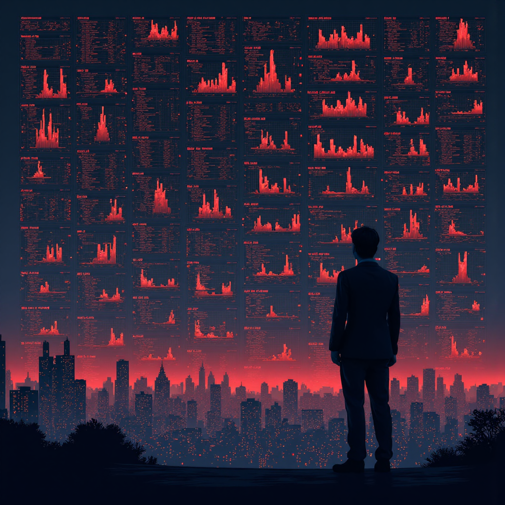 金融圖表與警示燈光交織的像素藝術,描繪投資者面對複雜網絡
