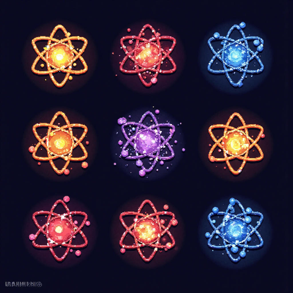 A colorful illustration of various metal elements with their atomic structures glowing softly against a dark background representing the universe of elements