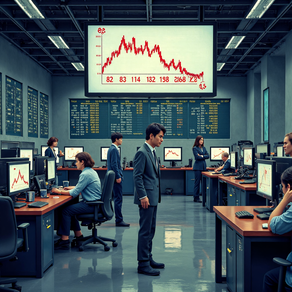 股市交易廳以像素藝術風格呈現貨幣貶值趨勢，顯示台灣幣符號淡出螢幕，強調全球金融連結