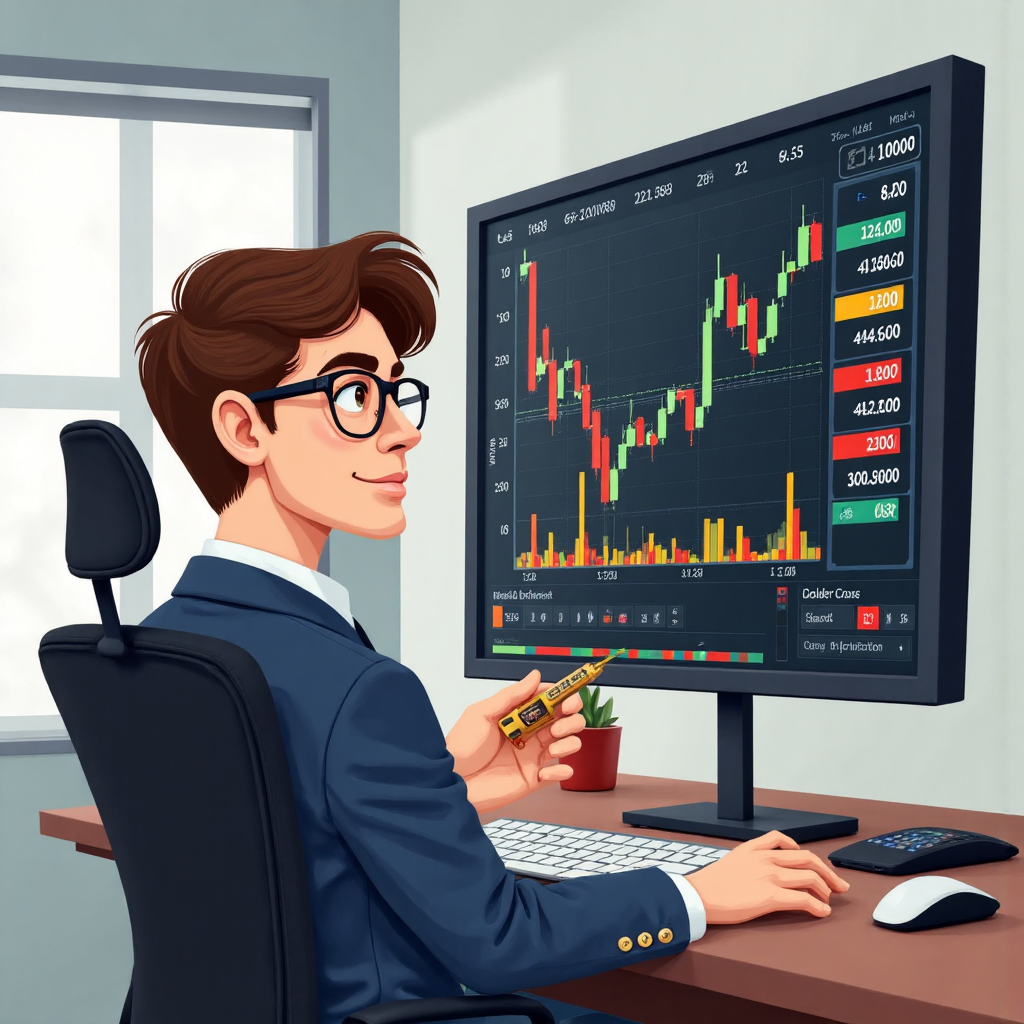 智慧投資者自信分析股票圖表的迷人插圖,強調金叉與死叉訊號的多項技術指標與清晰洞察感