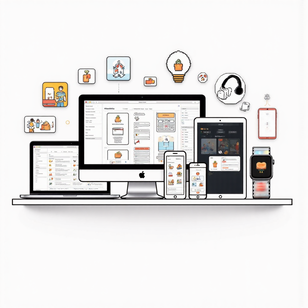 illustration of Apple's iconic product ecosystem including iPhone Mac and Apple Watch seamlessly integrated with service icons and future tech elements like AI and AR rendering in a clean minimalist aesthetic