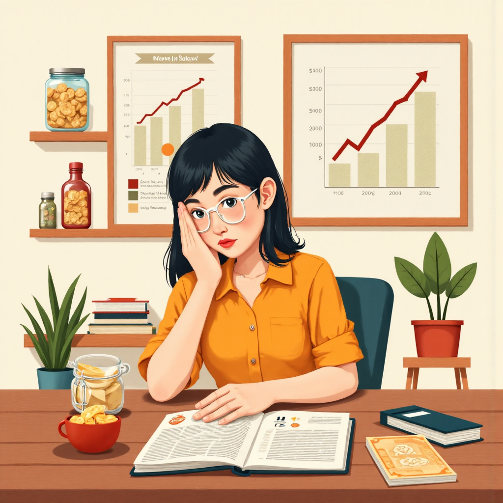 illustration depicting a thai person thoughtfully analyzing their household budget amidst various financial symbols like bills and savings jars with a subtle upward trend in interest rates visualized warm and relatable tones