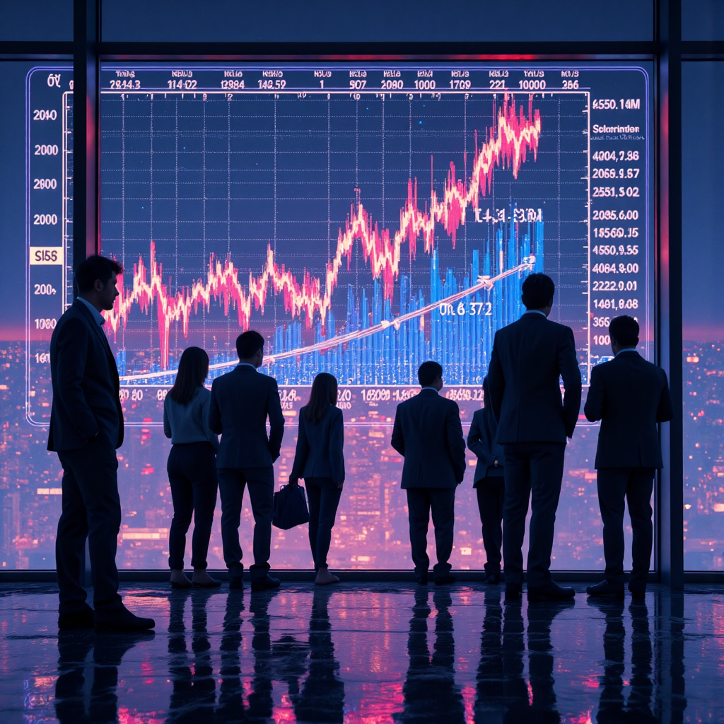 Illustration of a diverse group of Thai investors examining a glowing digital representation of the Russell 1000 index with vibrant data streams flowing through it