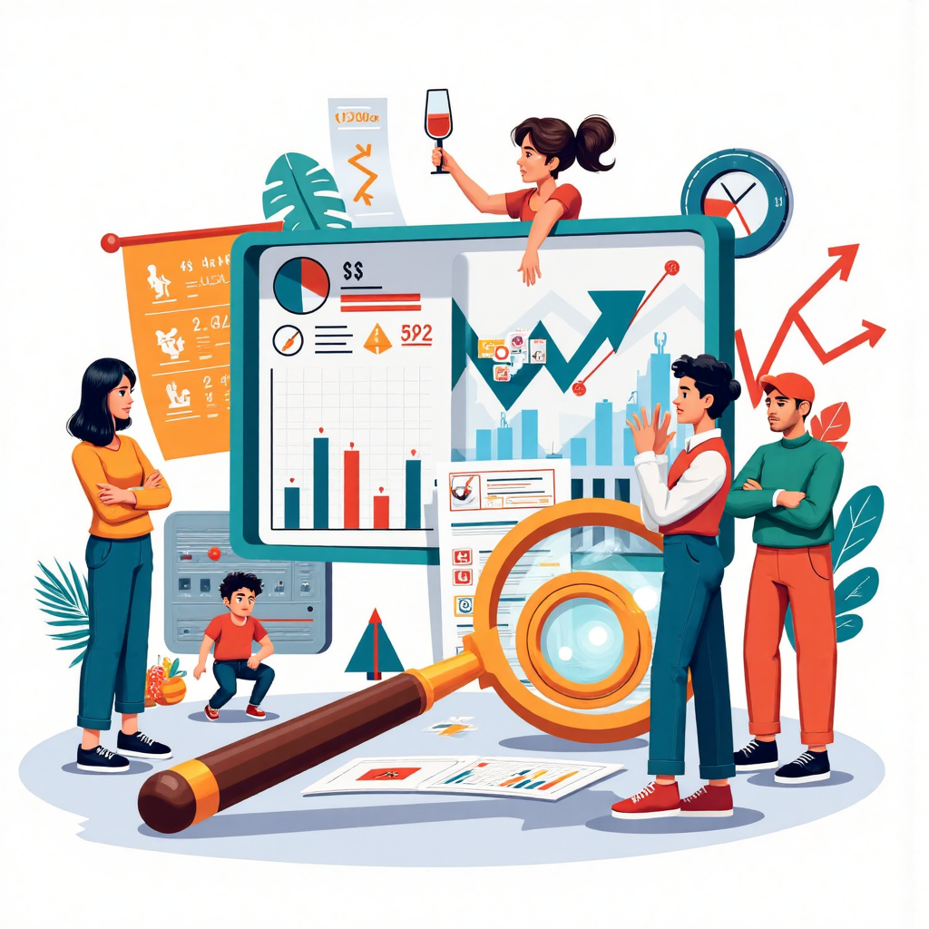 金融工具與指標的像素藝術場景,放大鏡與羅盤突出背離箭頭