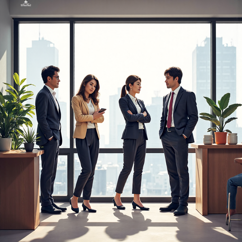 一群多元化的台灣投資者在現代辦公室討論股票估值，周圍環繞微妙股市圖形，營造明亮希望氛圍的插圖像素藝術風格