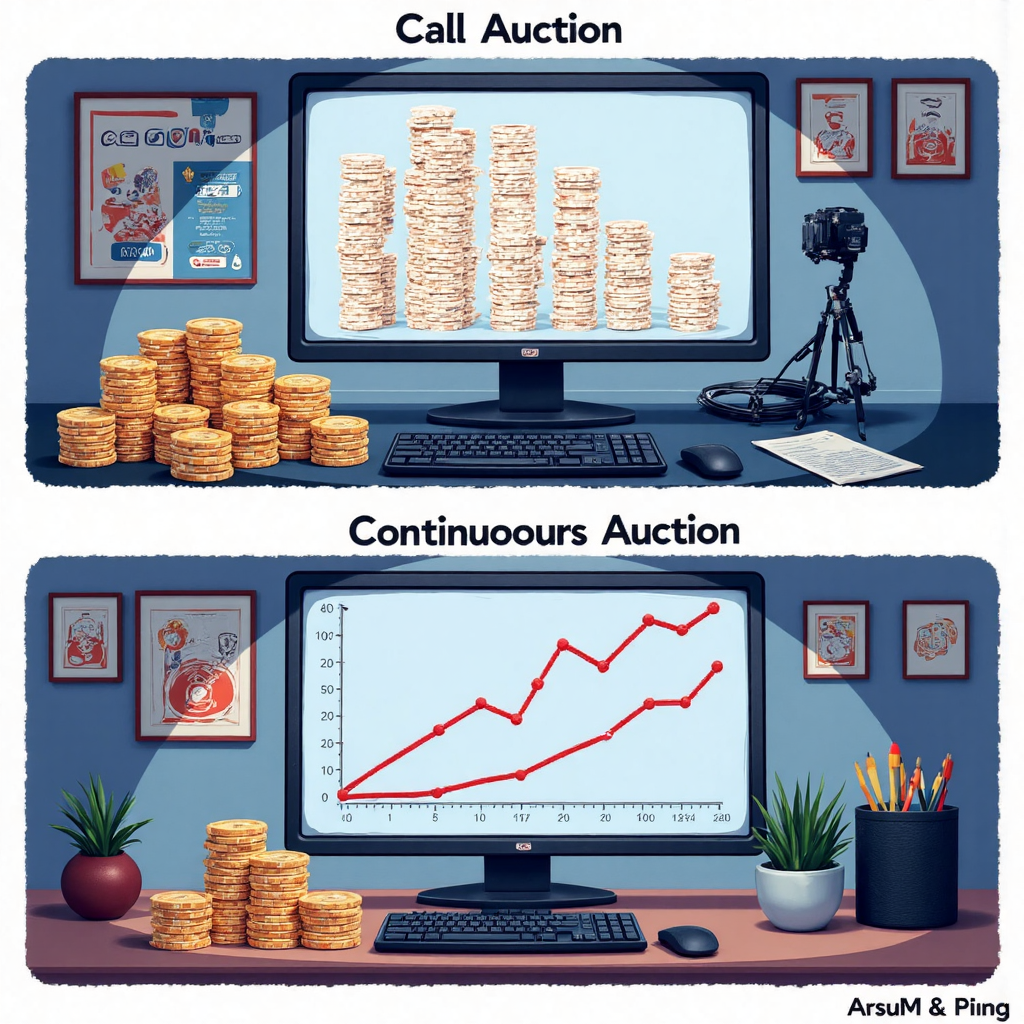 集合競價與連續競價比較像素藝術插圖,分屏展示訂單堆積與即時價格波動