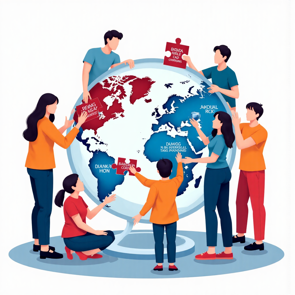 台灣人組裝香港大型企業拼圖進入ETF地球儀的多元化投資像素藝術插圖