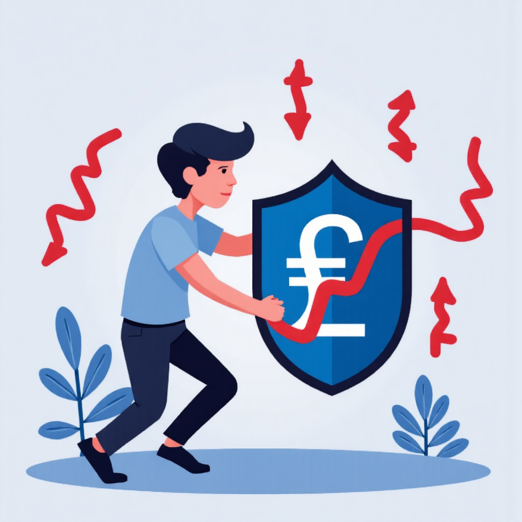 An illustration of a person holding a shield with the forex currency symbol on it protecting against falling red arrows representing negative slippage calming blue and grey palette