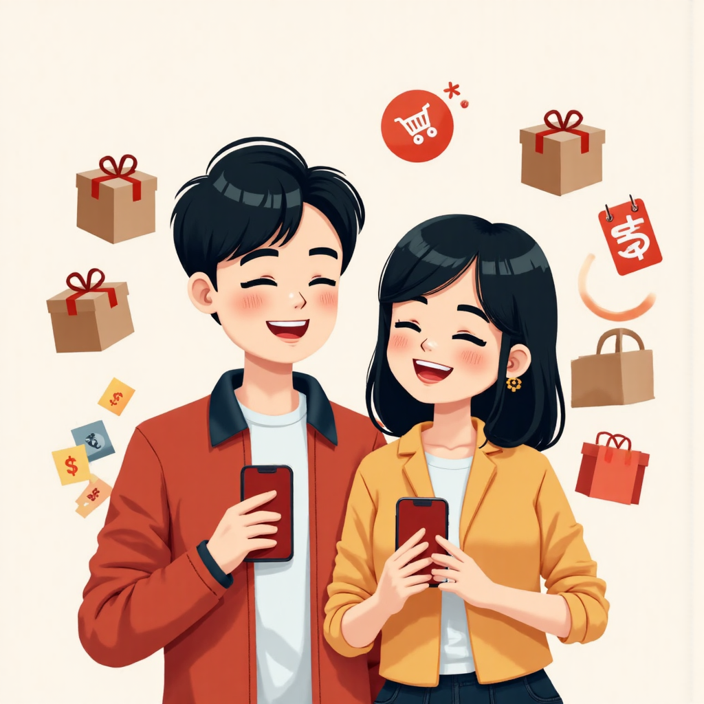 台灣夫妻使用手機購買進口商品的像素藝術插圖，伴隨購物車和匯率符號