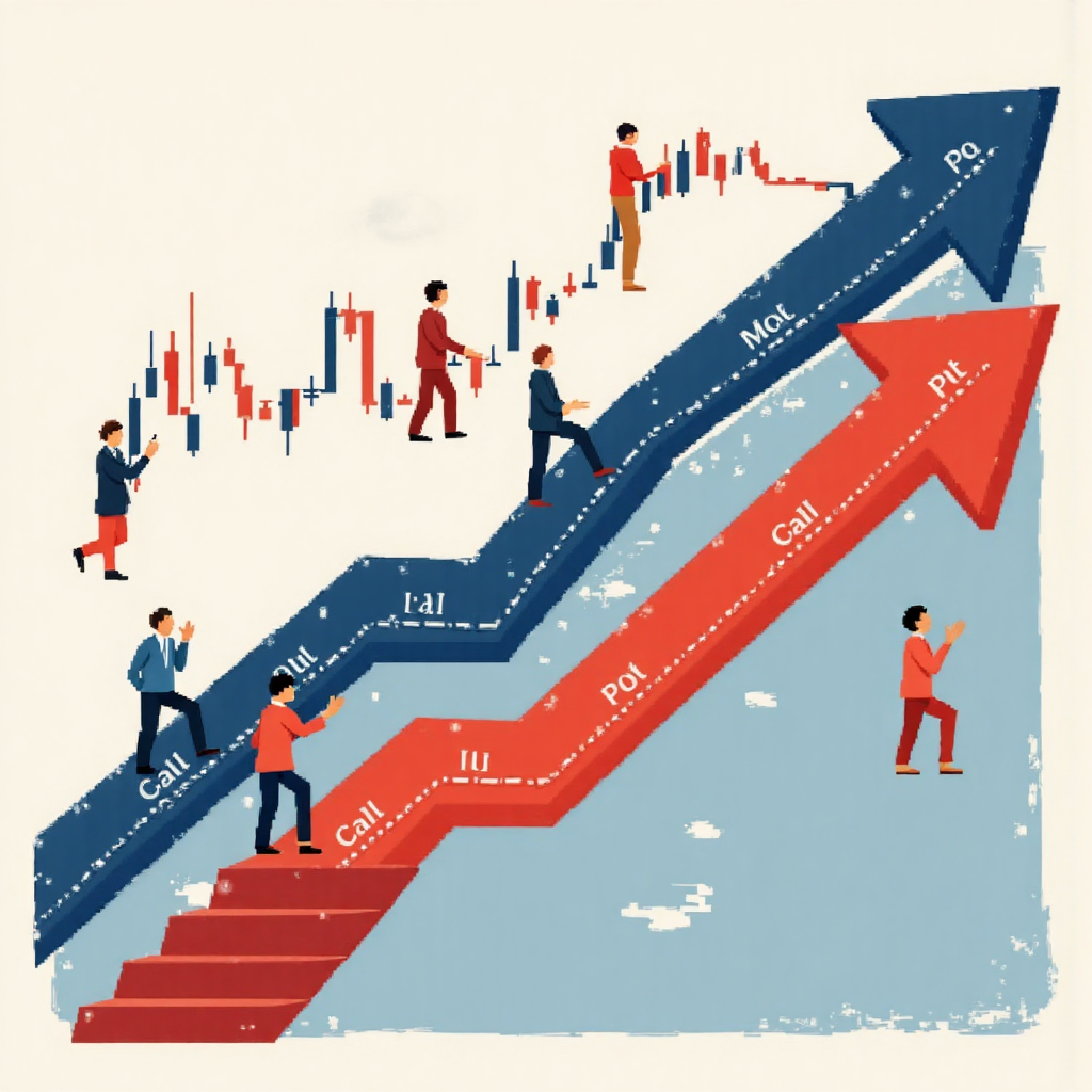 像素藝術風格的上升與下降路徑圖像，代表買權與賣權的市場預期