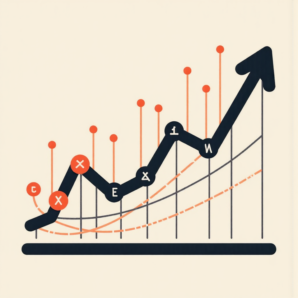 財務數據視覺化插圖,互聯線條和節點代表股票市場指標,帶有輕微上升趨勢的現代像素藝術風格