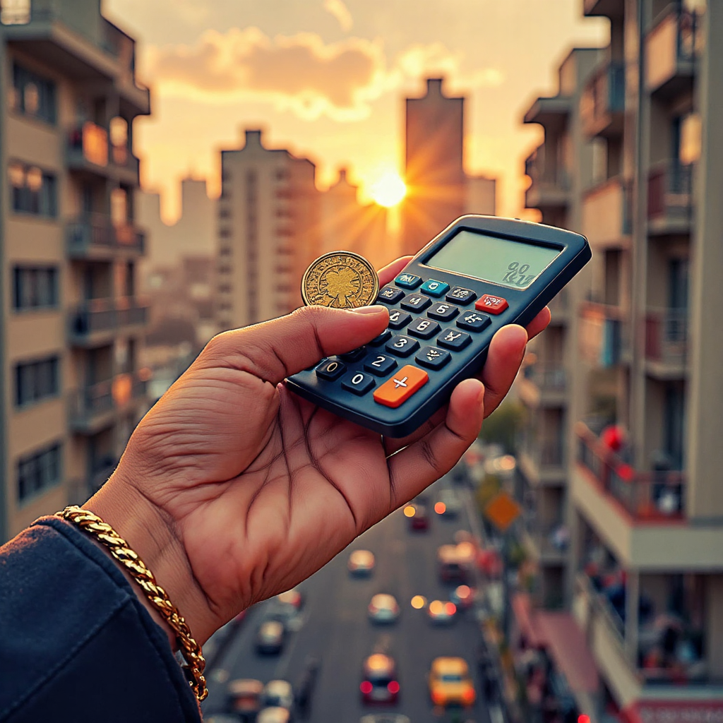 俯視視角的手持計算器與台灣幣,背景為簡化世界地圖,呈現全球經濟互動的金黃色時段光線