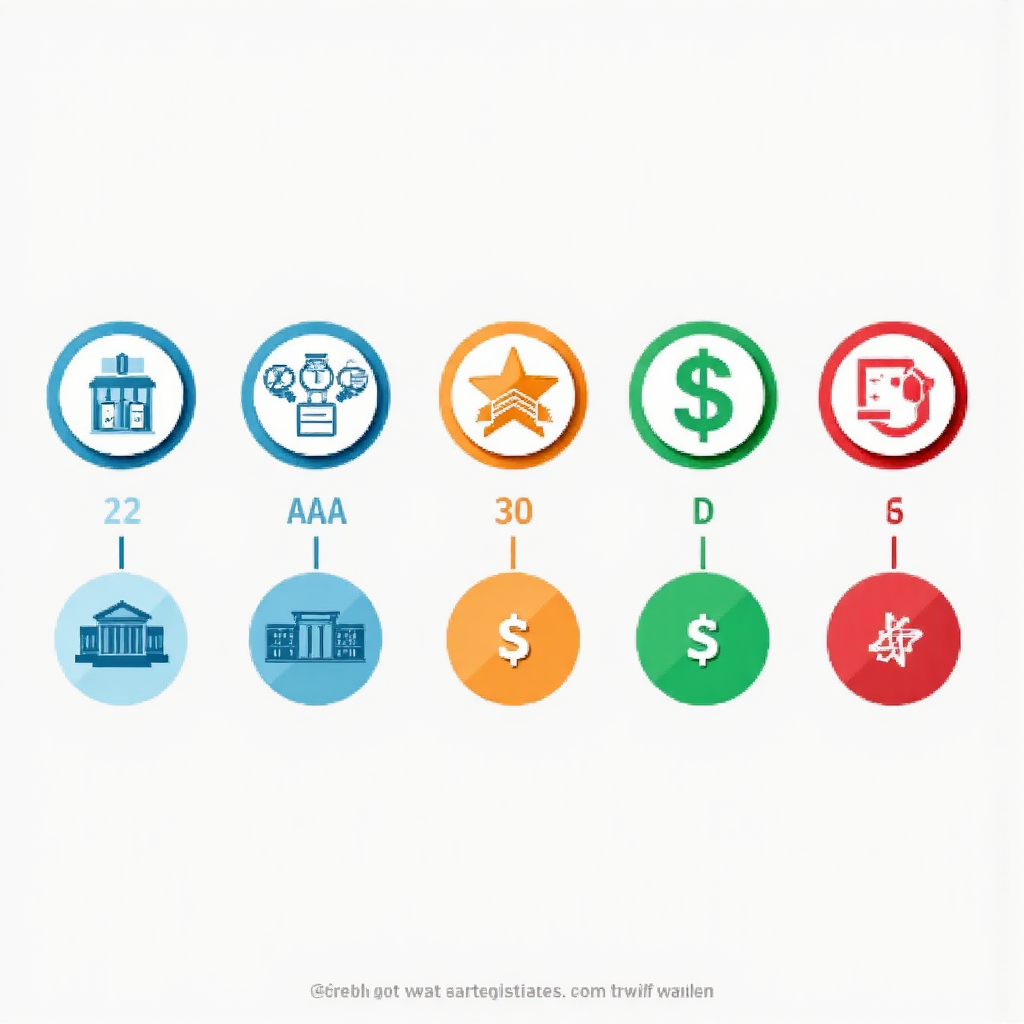 信用評級量表，從 AAA 到 D 等級，配以財務穩定與不穩定的圖示