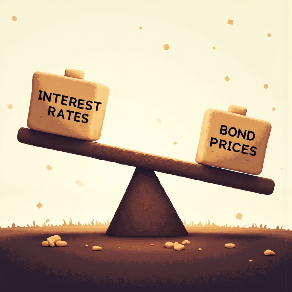 利率與債券價格的反比關係示意圖，像蹺蹺板般平衡顯示其動態連結