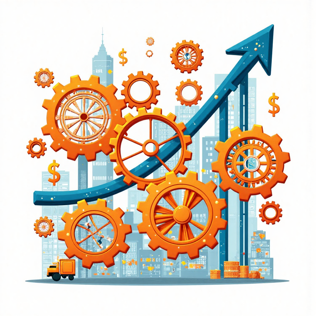 illustration of interconnected gears representing economic factors like trade investment and monetary policy smoothly turning to boost a country's reserve levels with a bright optimistic color palette and clean line art