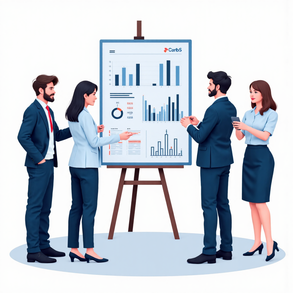 商務團隊檢視財務健康與風險數據的圖示