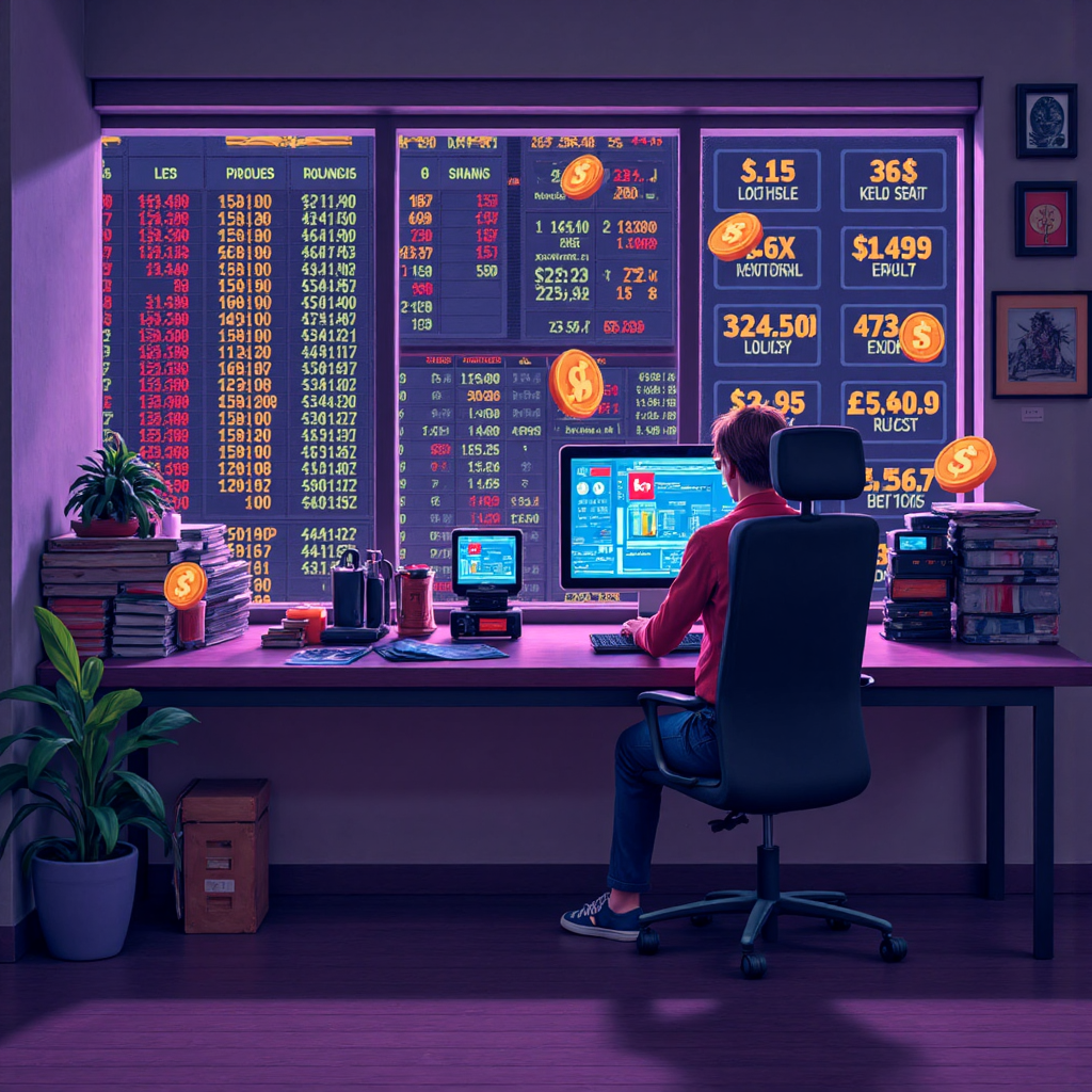 外匯交易桌面像素藝術，展示不同手數指標與貨幣符號