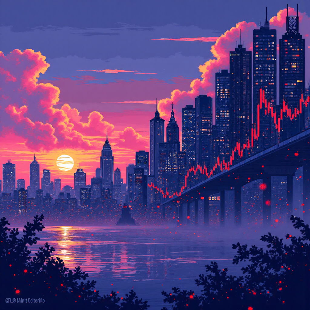 ภาพประกอบสไตล์พิกเซลอาร์ตของกราฟตลาดหุ้นที่เติบโต พร้อมองค์ประกอบเทคโนโลยี สื่อถึงโอกาสการลงทุนในอุตสาหกรรมเทคโนโลยีอย่าง Broadcom