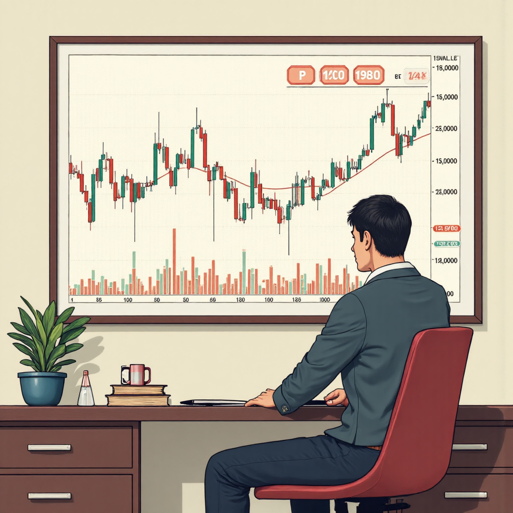 A wise investor calmly analyzing a complex financial chart showing fluctuating discount rates with a backdrop of Thai landmarks hinting at economic growth soft pastel illustration style