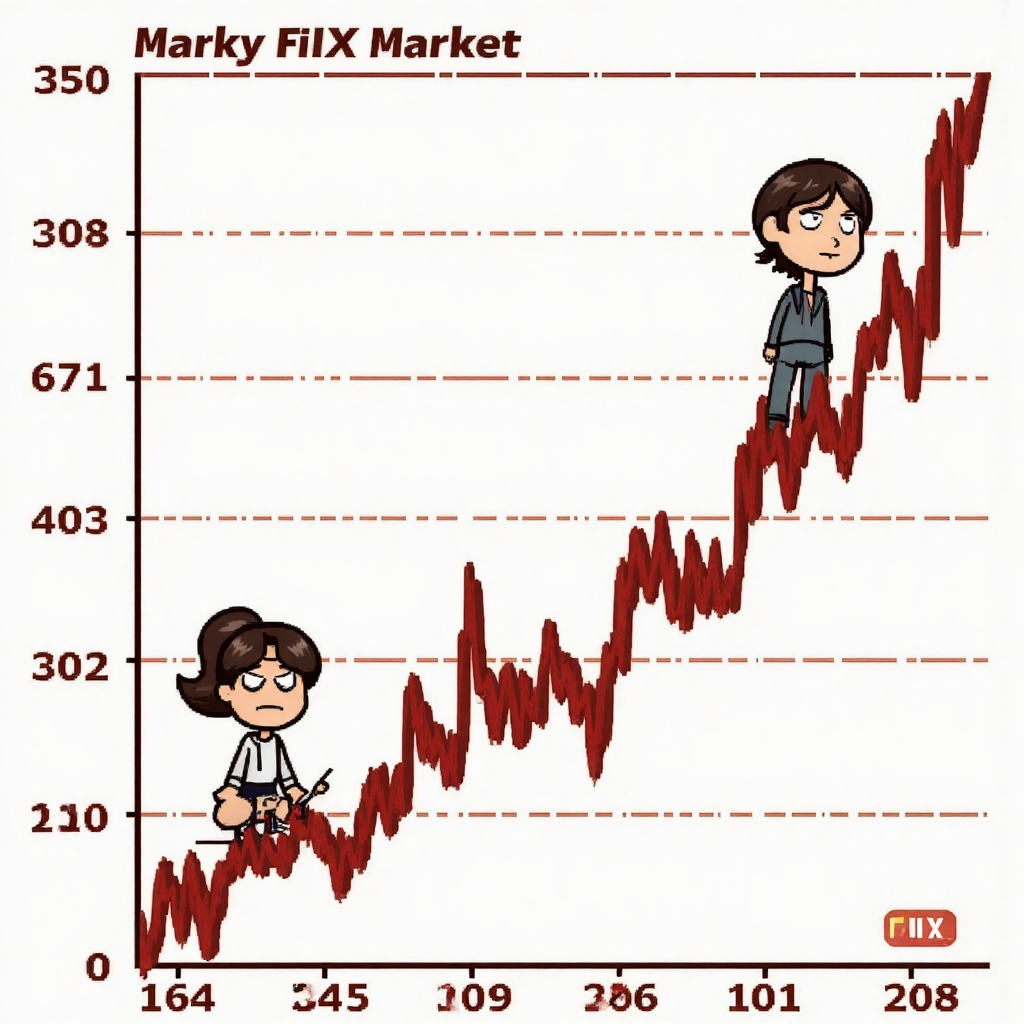 A whimsical illustration of a stock market chart with a nervous-looking cartoon character representing the VIX index looking at a calm market representing the SET index