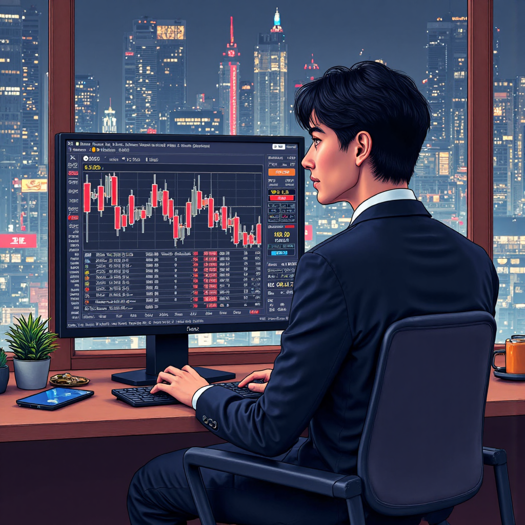 台灣投資者自信分析充滿日圓符號的股市圖表像素藝術插圖