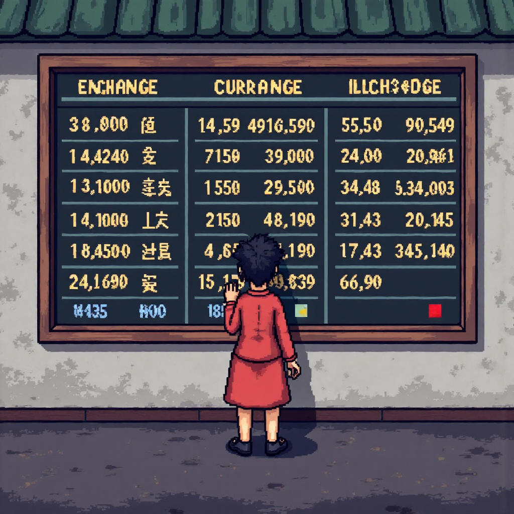 台灣人查看貨幣兌換看板的圖像,顯示外國貨幣相對於本地貨幣的匯率,以貨幣符號和圖表呈現