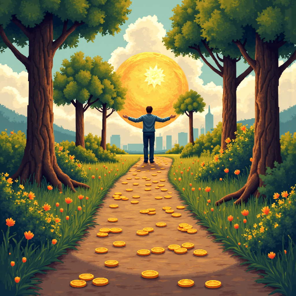 illustration of a person standing at a crossroads choosing between two paths one paved with gold coins and the other leading to a shining knowledge tree bathed in warm sunlight