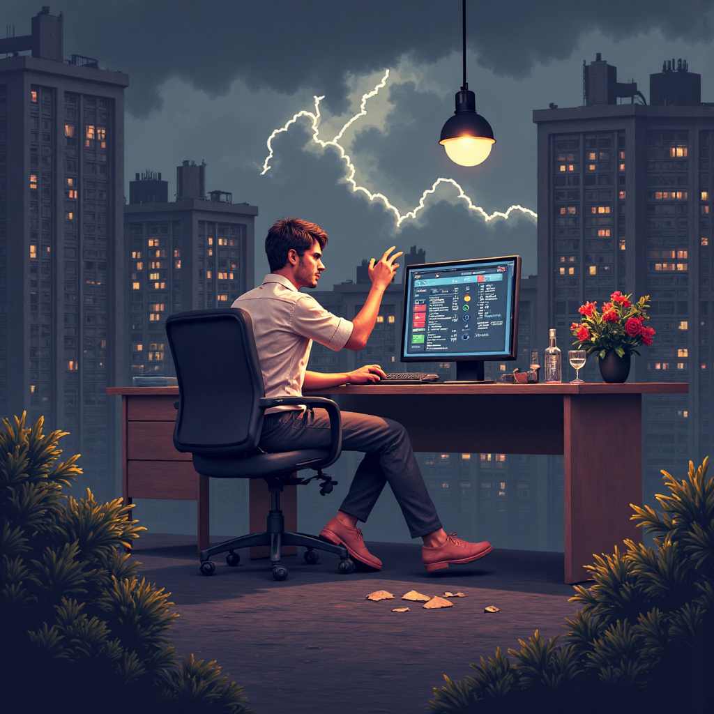 交易者在獲利與虧損拉鋸中，伴隨暴風雨天空與保證金追繳通知的戲劇性插圖