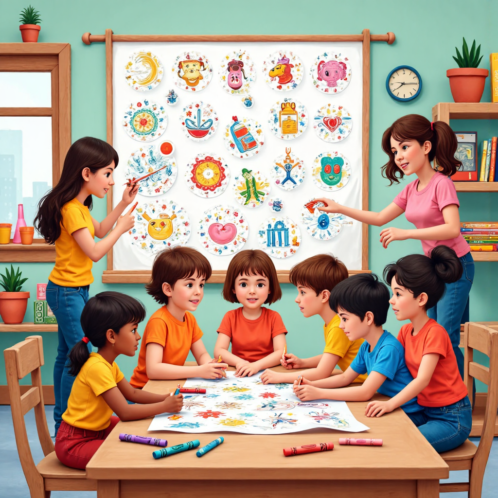 a diverse group of children of various ages actively coloring with jumbo crayons on a large sheet of paper filled with imaginative drawings in a playful and bright classroom setting