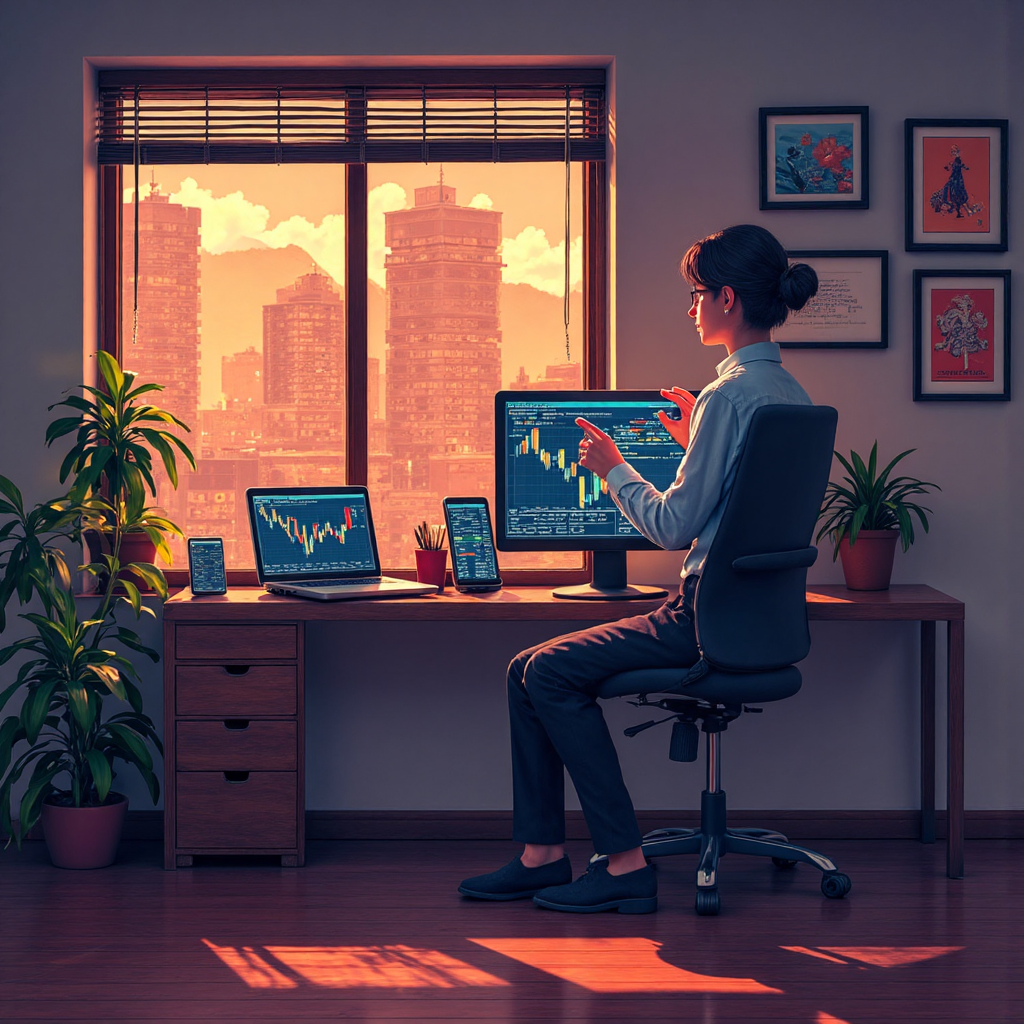 台灣金融專家在現代辦公室解釋利率期貨概念的像素藝術插圖,強調全球連結