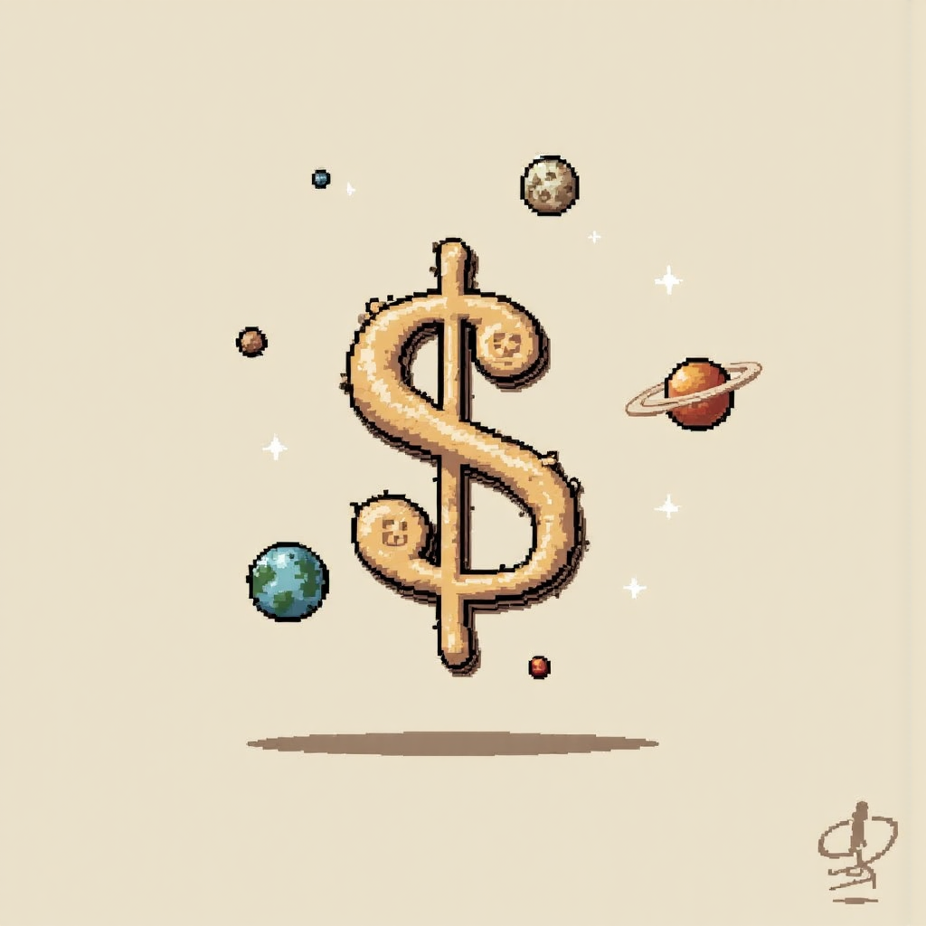 美元走弱像素藝術插圖，全球貨幣符號環繞下降趨勢的美元符號，強調不確定性與分析